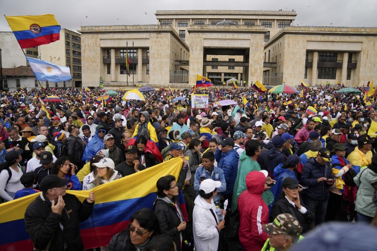 Anti-government demonstrators rally to protest economic and social reforms pushed by the government of President Gustavo Petro and his proposal to convene a constituent assembly at the Bolivar Square in Bogota, Colombia, Sunday, April 21, 2024. (AP Photo/Fernando Vergara)