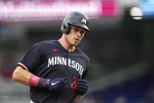 Minnesota Twins' Max Kepler runs the bases after hitting a solo home run during the first inning of a baseball game against the Miami Marlins, Monday, April 3, 2023, in Miami. (AP Photo/Lynne Sladky)