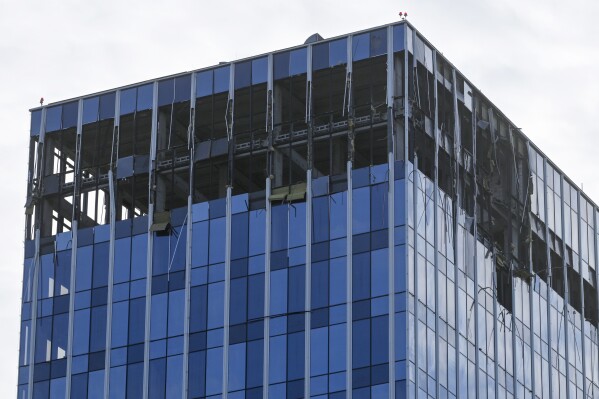 A view of the damaged building is seen after a reported drone attack in Moscow, Russia, Monday, July 24, 2023. (AP Photo)