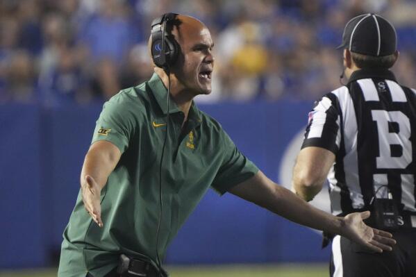 Baylor head coach Dave Aranda yells at an official in the first half, during an NCAA college football game against BYU, Saturday, Sept. 10, 2022, in Provo, Utah. (AP Photo/George Frey)