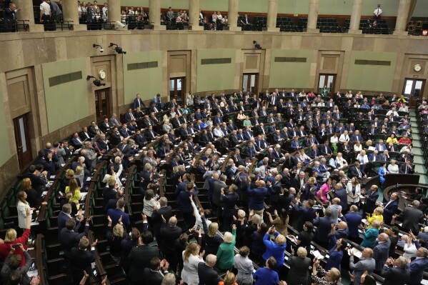 FILE - Poland's lawmakers vote in parliament, in Warsaw, Poland, on May 26, 2023. Poland's lawmakers have voted to approve an amended but divisive law on Russian influences believed to be targeting the opposition and criticised by the U.S. and the European Union. The lower house voted Friday, July 28, 2023 to reject the Senate's veto to the draft law, meaning it only now requires to be signed by President Andrzej Duda to take effect. (AP Photo/Czarek Sokolowski)