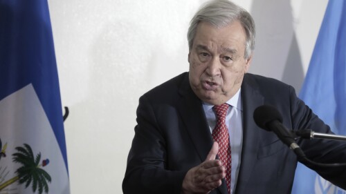UN Secretary-General Antonio Guterres speaks during a press conference at the diplomatic lounge in Port-au-Prince, Haiti, Saturday, July 1, 2023. (AP Photo/Odelyn Joseph)