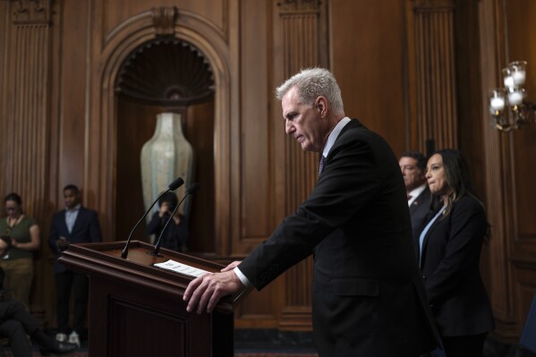 FILE - Speaker of the House Kevin McCarthy, R-Calif., pauses as he addresses reporters about efforts to pass appropriations bills and avert a looming government shutdown, at the Capitol in Washington, Friday, Sept. 29, 2023. California Democratic Gov. Gavin Newsom on Monday, Jan. 8, 2024, set a mid-March special election date to fill the U.S. House seat vacated by former Speaker McCarthy. In a statement, Newsom set the March 19 primary date for the 20th Congressional District contest. (AP Photo/J. Scott Applewhite, File)