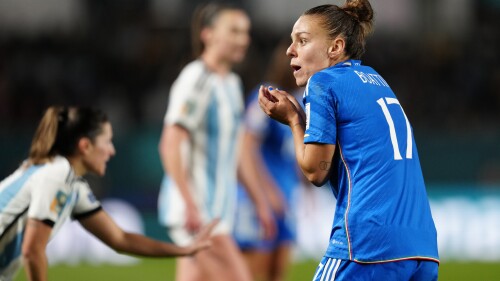 Italy's Lisa Boattin reacts agains a call by the referee during the Women's World Cup Group G soccer match between Italy and Argentina at Eden Park in Auckland, New Zealand, Monday, July 24, 2023. (AP Photo/Abbie Parr)