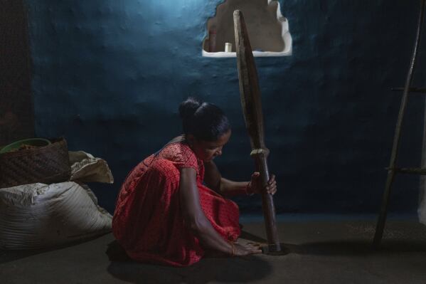 A woman from Gadaba Indigenous community grinds millet in Badakichaba village of Koraput district, in India's eastern state of Odisha, Friday, April 18, 2025. (AP Photo/Rafiq Maqbool)