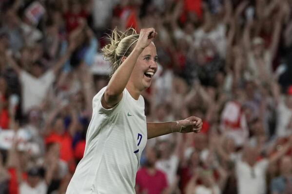 England's Beth Mead celebrates after scoring her third goal, England's 8th, during the Women Euro 2022 group A soccer match between England and Norway at Brighton & Hove Community Stadium in Brighton, England, Monday, July 11, 2022. (AP Photo/Alessandra Tarantino)