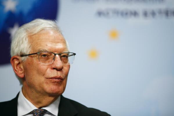 FILE - European Union foreign policy chief Josep Borrell speaks during a media conference with Canada's Foreign Minister Melanie Joly in Brussels, Jan. 20, 2022. Officials from the European Union and five countries of the north African Sahel region are meeting as the bloc readies to impose sanctions on Mali and as political turmoil roils Burkina Faso. The Europeans are also deeply concerned about the activities of Russian mercenaries in the region. The Wednesday, Jan. 25, 2022 meeting brings together EU foreign policy chief Josep Borrell and foreign ministers from Chad, Mali, Mauritania and Niger. (Johanna Geron, Pool Photo via AP, file)