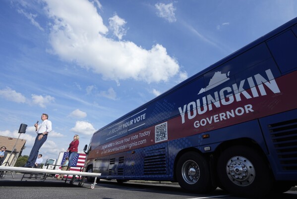 FILE - Virginia Gov. Glenn Youngkin gestures during an early voting rally, Sept. 21, 2023, in Petersburg, Va. Conjecture that Youngkin, who is set to host a major donor retreat Tuesday, Oct. 17, and Wednesday, Oct. 18, might make a late entry into the 2024 presidential race has only grown since his victory nearly two years ago and could further escalate after next month’s high-stakes legislative elections, where he’s aiming for a GOP sweep. (AP Photo/Steve Helber, File)