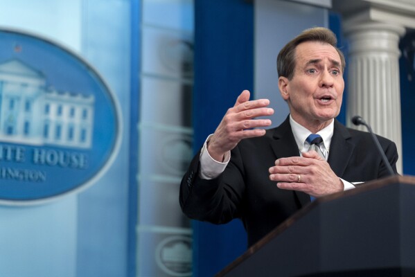 White House national security communications adviser John Kirby speaks at a press briefing at the White House in Washington, Thursday, Feb. 15, 2024. (AP Photo/Andrew Harnik)