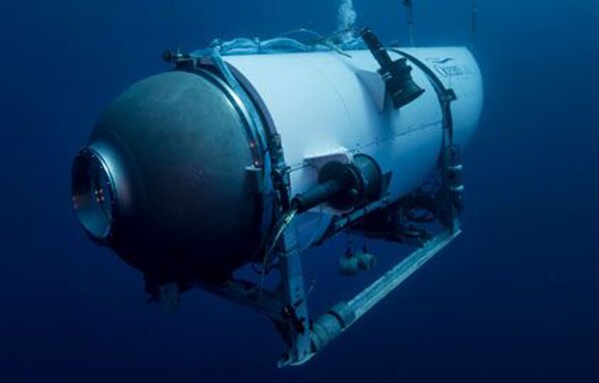 FILE - This undated image provided by OceanGate Expeditions in June 2021 shows the company's Titan submersible. The wrecks of the Titanic and the Titan sit on the ocean floor, separated by 1,600 feet (490 meters) and 111 years of history. How they came together unfolded over an intense week that raised temporary hopes and left lingering questions. (OceanGate Expeditions via AP, File)