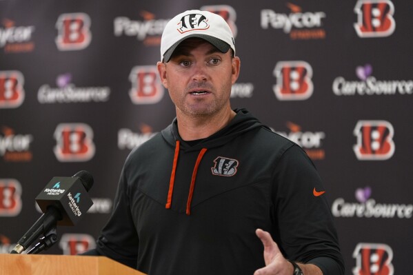 Cincinnati Bengals head coach Zac Taylor speaks during a news conference after NFL football practice, Tuesday, May 20, 2025, in Cincinnati. (AP Photo/Carolyn Kaster)