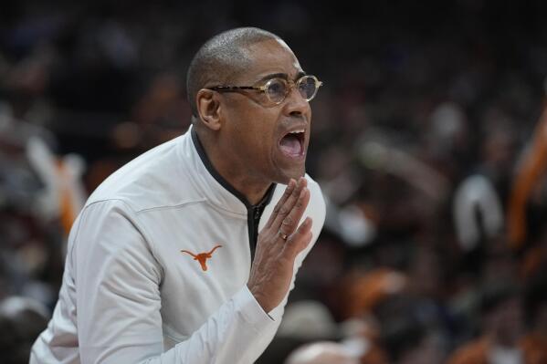 Texas head coach Rodney Terry calls to his players during the first half of an NCAA college basketball game against Oklahoma in Austin, Texas, Saturday, Feb. 18, 2023. (AP Photo/Eric Gay)