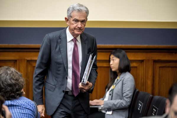 Federal Reserve Chairman Jerome Powell arrives for a House Financial Services Committee hearing in Washington, Wednesday, June 21, 2023. (AP Photo/Andrew Harnik)