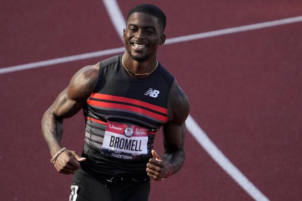 FILE - In this June 19, 2021, file photo, Trayvon Bromell wins the second heat of the men's 100-meter run at the U.S. Olympic Track and Field Trials in Eugene, Ore. The man positioned to take over the sprint game in the post-Usain Bolt world is Bromell. He's a 26-year-old American who is as unassuming as he is fast. (AP Photo/Chris Carlson, File)