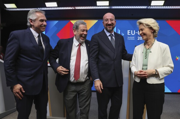 Argentina's President Alberto Fernandez, Saint Vincent and Grenadines Prime Minister Ralph Gonsalves, European Council President Charles Michel and European Commission President Ursula von der Leyen, from left, gather following a joint news conference at the end of the third EU-CELAC summit that brings together leaders of the EU and the Community of Latin American and Caribbean States, in Brussels, Belgium, Tuesday, July 18, 2023. (AP Photo/Francois Walschaerts)