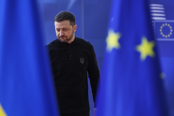 Ukraine's President Volodymyr Zelenskyy arrives for an EU Summit at the European Council building in Brussels, Thursday, March 6, 2025. (AP Photo/Omar Havana)