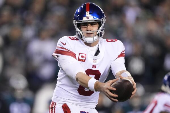 FILE - New York Giants quarterback Daniel Jones plays during an NFL divisional round playoff football game, Saturday, Jan. 21, 2023, in Philadelphia. The Giants signed Jones and put the franchise tag on running back Saquon Barkley, Tuesday, March 7, 2023. (AP Photo/Matt Rourke, File)