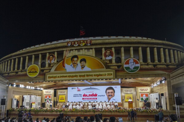 Dravida Munnetra Kazhagam (DMK) party leader M. K. Stalin, speaks on a stage resembling Indian parliament building during an election campaign rally ahead of country's general elections, on the outskirts of southern Indian city of Chennai, April 15, 2024. (AP Photo/Altaf Qadri)
