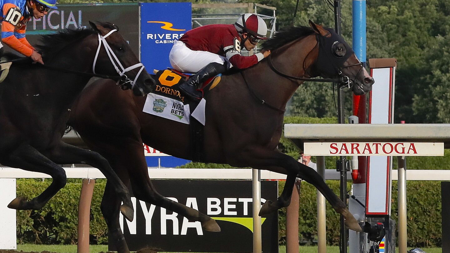 Dornoch pulls of an upset to win the the first Belmont Stakes run at Saratoga Race Course at 17-1