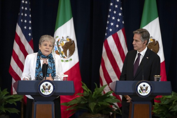 Mexico's Foreign Minister Alicia Barcena, left, speaks as Secretary of State Antony Blinken listens during a media briefing at the State Department, Friday, Sept. 29, 2023, in Washington. (AP Photo/Mark Schiefelbein)