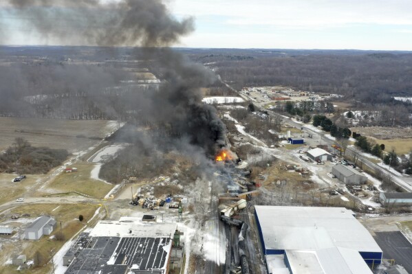 FILE - This photo taken with a drone shows portions of a Norfolk Southern freight train that derailed the night before in East Palestine, Ohio, still on fire at mid-day, Feb. 4, 2023. On Wednesday, Sept. 20, President Joe Biden ordered federal agencies to continue holding Norfolk Southern accountable for its February derailment in eastern Ohio and appoint a FEMA official to oversee East Palestine's recovery, but he still stopped short of declaring a disaster. (AP Photo/Gene J. Puskar, File)