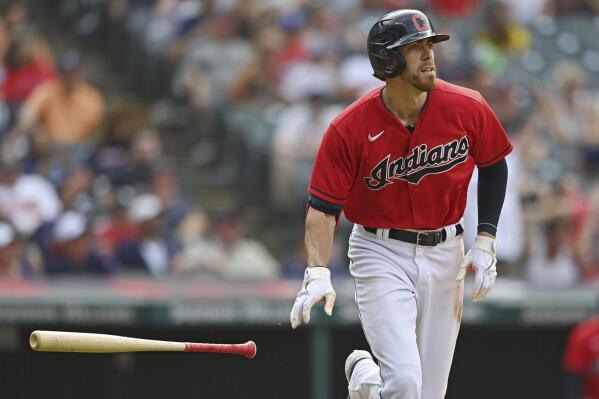 Cleveland Indians' Bradley Zimmer watches his two-run home run off Detroit Tigers relief pitcher Erasmo Ramirez in the seventh inning of a baseball game, Sunday, Aug. 8, 2021, in Cleveland. (AP Photo/David Dermer)