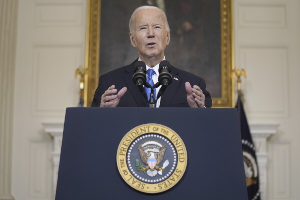 President Joe Biden delivers remarks on a $95 billion Ukraine Israel aid package being debated in Congress, in the State Dining Room of the White House, Tuesday, Feb. 13, 2024, in Washington. (AP Photo/Evan Vucci)