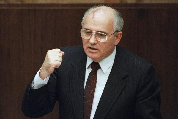 FILE - Soviet President Mikhail Gorbachev says in Moscow that a local military commander ordered the use of force in the breakaway republic of Lithuania, where an assault by Soviet troops on Jan. 13, 1991 claimed 14 lives. Russian news agencies are reporting that former Soviet President Mikhail Gorbachev has died at 91. The Tass, RIA Novosti and Interfax news agencies cited the Central Clinical Hospital. (AP Photo/Boris Yurchenko, File)