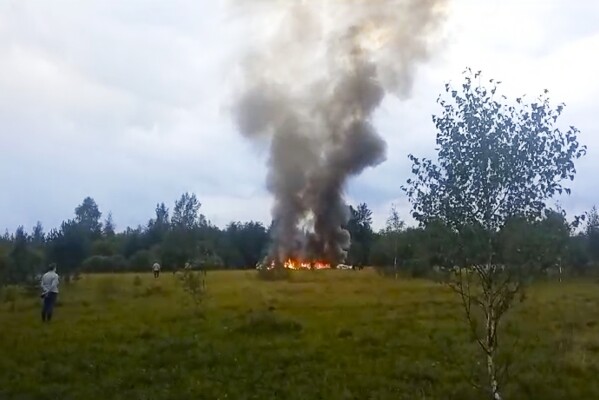 FILE - In this image taken from video, smoke rises from the crash of a private jet near the village of Kuzhenkino in the Tver region of Russia, on Wednesday, Aug. 23, 2023. (AP Photo, File)