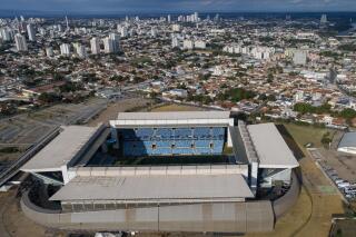An aerial view of the Arena Pantanal stadium which will host Sunday's Copa America soccer match between Colombia and Ecuador, in Cuiaba, Brazil, Saturday, June 12, 2021. (AP Photo/Andre Penner)