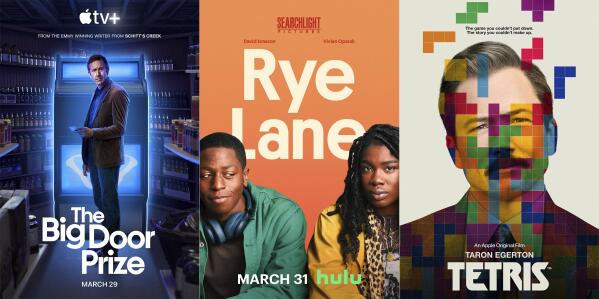 This combination of images shows promotional art for "The Big Door Prize," premiering March 29 on Apple TV+, from left, "Rye Lane," a film premiering March 31 on Hulu and "Tetris," a film premiering March 31 on Apple TV+. (Apple TV+/Hulu/Apple TV+ via AP)