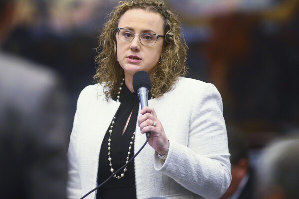 FILE - Rep. Erin Grall, R-Vero Beach Rep. asks a question in the Florida House of Representatives, May 25, 2022 at the Capitol in Tallahassee, Fla. Florida is on the verge of passing one of the nation鈥檚 most restrictive bans on minors鈥� use of social media. The state Senate passed a bill Thursday, Feb. 22, 2024 that would keep children under the age of 16 off popular platforms regardless of parent approval. The bill is sponsored by Sen. Grall. (AP Photo/Phil Sears)