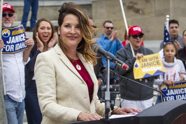 Lt. Gov. Janice McGeachin announces her candidacy to become governor of Idaho at a rally on the Statehouse steps, Wednesday, May 19, 2021, in Boise, Idaho. (Darin Oswald/Idaho Statesman via AP)