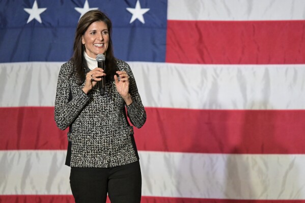 Republican presidential candidate former UN Ambassador Nikki Haley speaks at a campaign event in Conway, S.C., Sunday, Jan. 28, 2024. (AP Photo/Matthew Kelley)