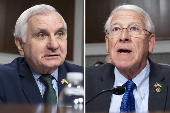 This combination of photos shows ranking member Jack Reed, D-R.I., left, and chairman Roger Wicker, R-Miss., speaking during a hearing on Capitol Hill in Washington, Feb. 25, 2025. (AP Photo)