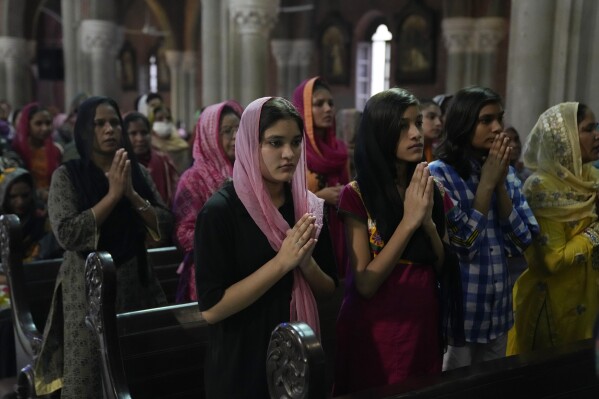Pakistani christians Prayer for Jaranwala christians after the recent attack on a Christian area by an angry Muslim mob, In Lahore, Pakistan, Sunday, Aug. 20, 2023. (AP Photo/K.M. Chaudary)