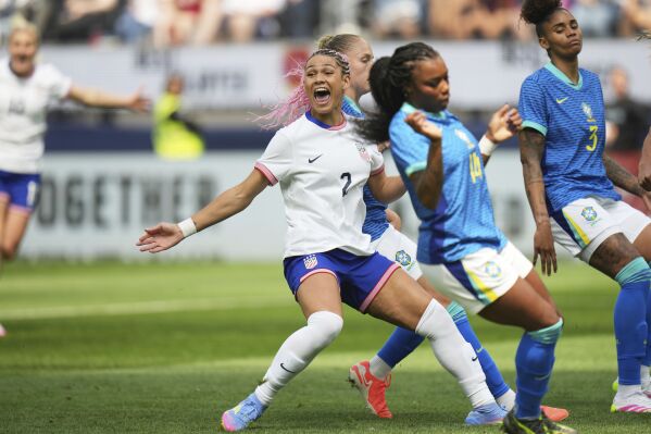 United States forward Trinity Rodman (2) celebrates her goal during the first half of a women's international friendly soccer match against Brazil in Inglewood, Calif. Saturday, April 5, 2025. (AP Photo/Jae C. Hong)