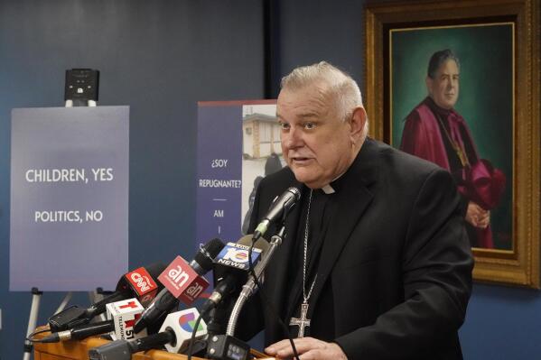 Archbishop of Miami, Thomas Wenski, speaks during a news conference, Thursday, Feb. 10, 2022, at the Archdiocese of Miami Pastoral Center in Miami Shores, Fla. Wenski was joined by business and community leaders, some of which were unaccompanied minors brought to the U.S. from Cuba during Operation Peter Pan in the 1960's, urging Florida Gov. Ron DeSantis and state legislative leaders to "stop advancing anti-immigrant policies that hurt children and Florida's economy." (AP Photo/Wilfredo Lee)