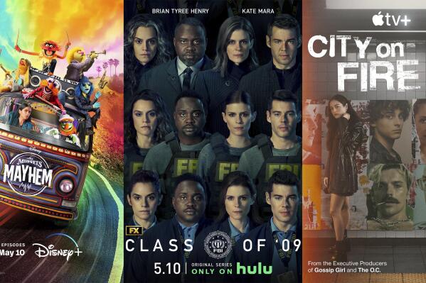 This combination of photos shows promotional art for "The Muppets Mayhem," premiering May 10 on Disney+, left, "Class of 09" premiering May 10 on Hulu and "City on Fire," a series premiering May 12 on Apple TV+ . (Apple TV+/Disney+ via AP) (Disney+/Hulu/Apple TV+ via AP)