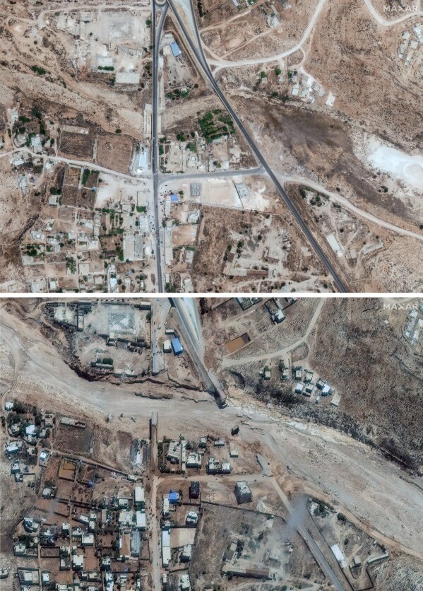 This combination of satellite images from Maxar Technologies shows a coastal roadway in Derna, Libya, on July 1, 2023, top, and the same flood damaged area on Wednesday, Sept. 13, 2023. (Satellite image ©2023 Maxar Technologies via AP)