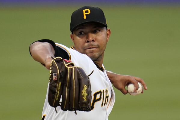 Pittsburgh Pirates starting pitcher Jose Quintana delivers during the second inning of the team's baseball game against the Miami Marlins in Pittsburgh, Saturday, July 23, 2022. (AP Photo/Gene J. Puskar)