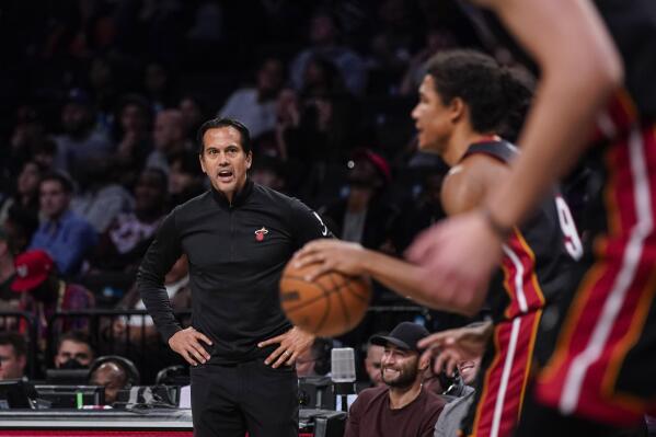 Miami Heat head coach Erik Spoelstra gives instructions to his players during the second half of a preseason NBA basketball game against the Brooklyn Nets, Thursday, Oct. 6, 2022, in New York. (AP Photo/Eduardo Munoz Alvarez)