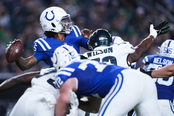 Indianapolis Colts quarterback Anthony Richardson (5) looks to pass during the first half of an NFL preseason football game against the Philadelphia Eagles on Thursday, Aug. 24, 2023, in Philadelphia. (AP Photo/Matt Rourke)