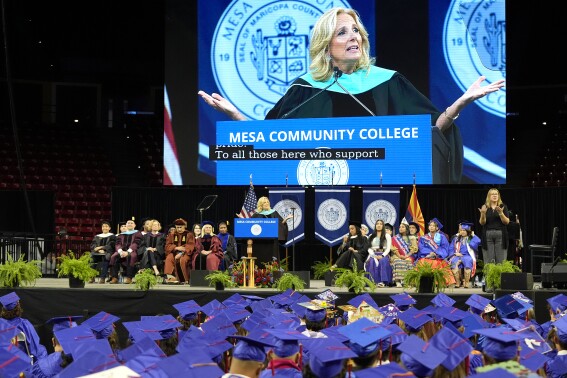 First lady Jill Biden speaks at the Mesa Community College commencement Saturday, May 11, 2024, in Tempe, Ariz. (AP Photo/Ross D. Franklin)