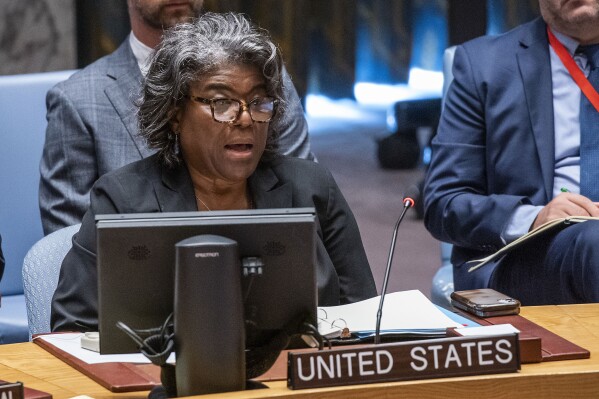 Linda Thomas-Greenfield, United States ambassador to the United Nations speaks during the UN Security Council meeting to discuss the maintenance of peace and security of Ukraine, Friday, July 21, 2023, at United Nations headquarters. (AP Photo/Eduardo Munoz Alvarez)