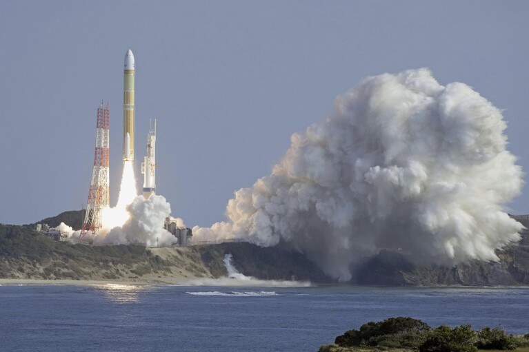 An H3 rocket launches from the Tanegashima Space Center in Kagoshima, southern Japan, on Saturday, Feb. 17, 2024.  (Kyodo News via AP)