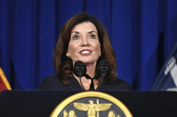 FILE - New York Lt. Gov. Kathy Hochul gives a news conference at the state Capitol on Wednesday, Aug. 11, 2021, in Albany, N.Y. Taking over on short notice for a scandal-plagued predecessor in the midst of the coronavirus pandemic, Hochul began her tenure as New York governor Tuesday, Aug. 24 with more than enough challenges for a new administration. She also began with a historic opportunity: Hochul is the first woman to hold one of the most prominent governorships in the U.S.  (AP Photo/Hans Pennink, File)