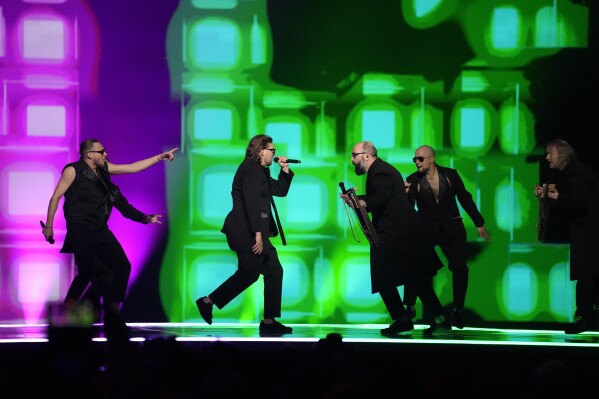 5MIINUST x Puuluup of Estonia perform the song (nendest) narkootikumidest ei tea me (küll) midagi, during the Grand Final of the Eurovision Song Contest in Malmo, Sweden, Saturday, May 11, 2024. (AP Photo/Martin Meissner)