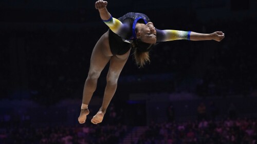 FILE - Brazil's Rebeca Andrade competes in the floor exercise finals during the Artistic Gymnastics World Championships at M&S Bank Arena in Liverpool, England, Sunday, Nov. 6, 2022. (AP Photo/Thanassis Stavrakis, File)