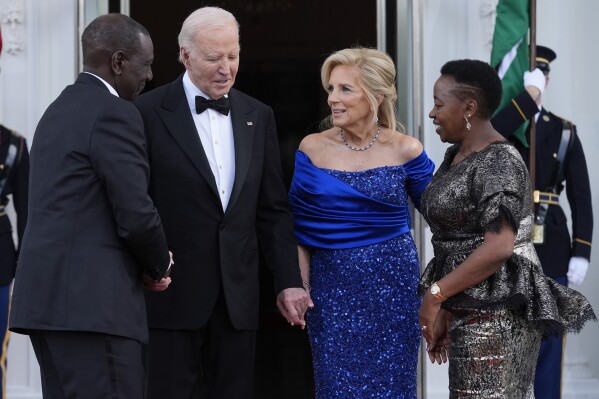 President Joe Biden and first lady Jill Biden welcome Kenya's President William Ruto and first lady Rachel Ruto to the White House in Washington for a State Dinner, Thursday, May 23, 2024. (AP Photo/Susan Walsh)